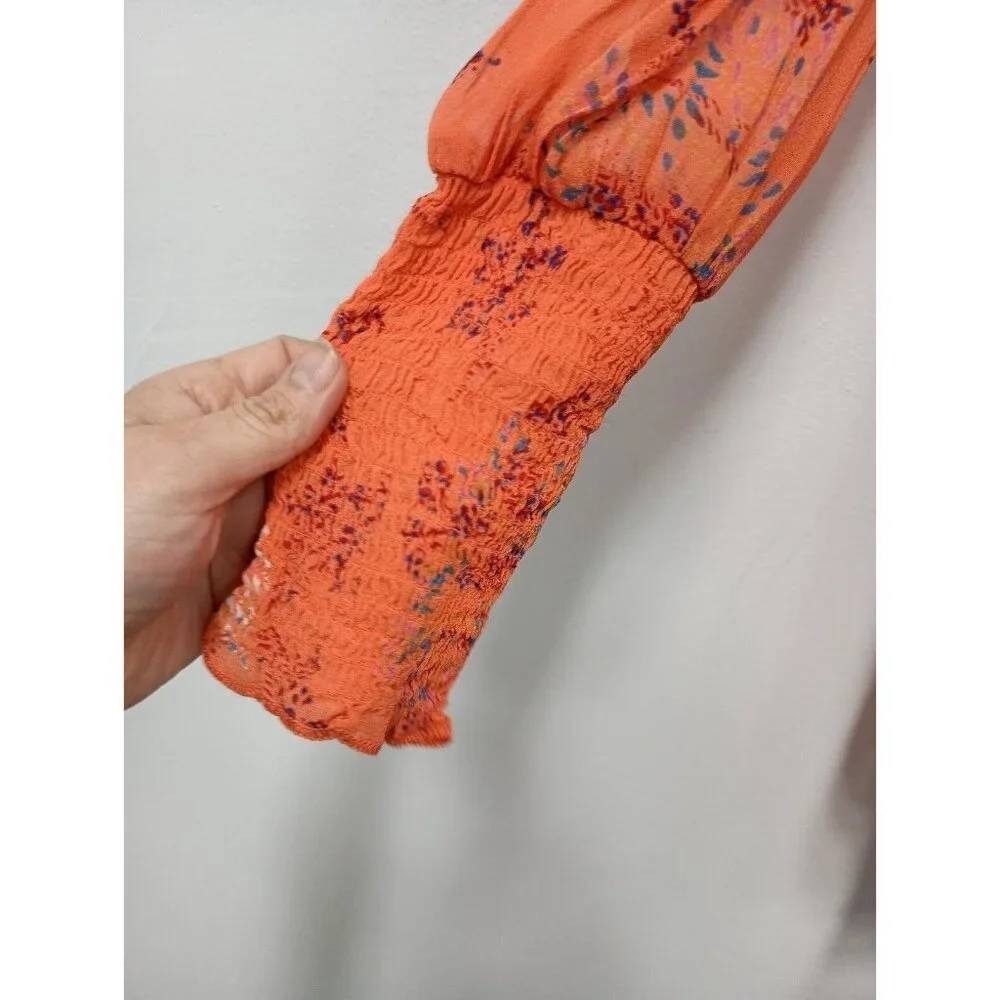 Free People Mini Dress Womens Small Orange Floral Boho Smocked Waist Long Sleeve - Picture 3 of 10